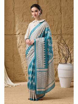 RACHNA - Women Blue Printed Silk Blend Saree with Unstitched Blouse