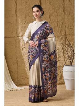 RACHNA - Women Cream Printed Silk Blend Saree with Unstitched Blouse