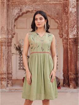 Mamicha - Women Green Floral Cotton Blend Dress