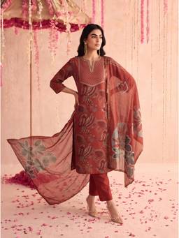 Mamicha - Women Navy Blue Floral Cotton Blend Kurta and Pant with Dupatta