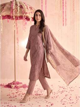 Mamicha - Women Mauve Floral Cotton Blend Kurta and Pant with Dupatta
