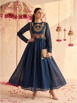 Mamicha - Women Navy Blue Floral Blended Dress