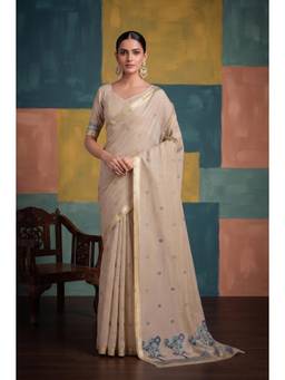 Monjolika Fashion - Women Beige Embroidered Cotton Silk Saree with Unstitched Blouse