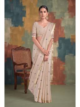 Monjolika Fashion - Women Beige Embroidered Cotton Silk Saree with Unstitched Blouse
