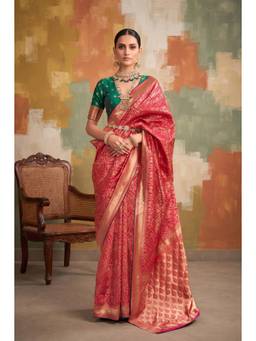 Monjolika Fashion - Women Red Woven Banarasi Silk Saree with Unstitched Blouse