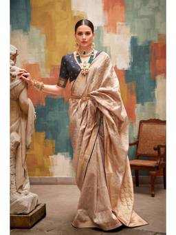 Monjolika Fashion - Women Cream Woven Banarasi Silk Saree with Unstitched Blouse