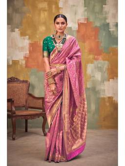 Monjolika Fashion - Women Pink Woven Banarasi Silk Saree with Unstitched Blouse