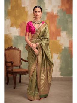 Monjolika Fashion - Women Olive Woven Banarasi Silk Saree with Unstitched Blouse