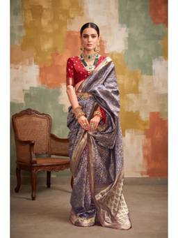 Monjolika Fashion - Women Blue Woven Banarasi Silk Saree with Unstitched Blouse