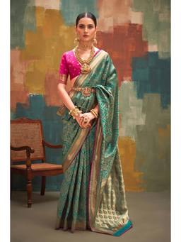 Monjolika Fashion - Women Turquoise Woven Banarasi Silk Saree with Unstitched Blouse