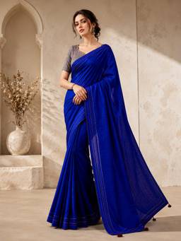 RACHNA - Women Blue Solid/Plain Tissue Saree with Unstitched Blouse