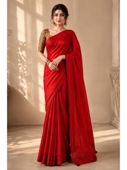 RACHNA - Women Red Solid/Plain Tissue Saree with Unstitched Blouse
