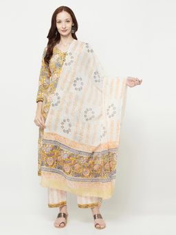 Safaa - Women Cotton Camel Color Printed Unstitched Dress Material with Dupatta (Set of 3)