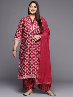 Extra love by Libas - Plus Size Women Red Printed Silk Blend Straight Kurta Sets for Women