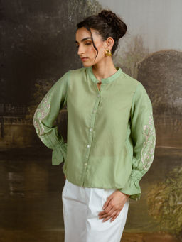 Contemponari - Green Embroidered Sleeve Shirt