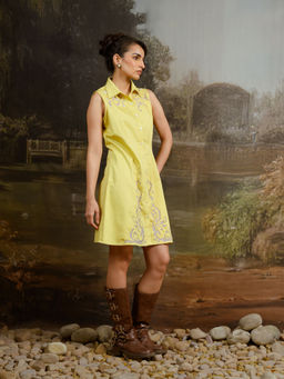 Contemponari - Yellow Cotton Satin Shirt Dress