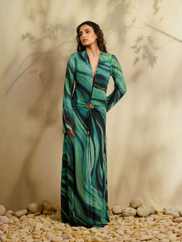 Contemponari - Green Abstract Mesh Maxi Dress