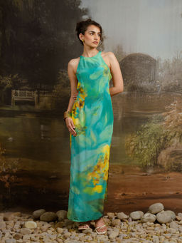 Contemponari - Green Printed Halter Maxi Dress