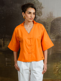 Contemponari - Orange Mandarin Collar Solid Shirt