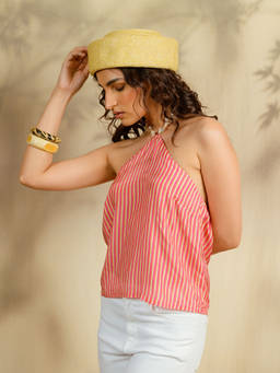 Contemponari - Pink Striped Halter Neck Top