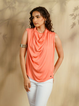 Contemponari - Peach Viscose Satin Cowl Neck Top