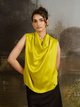 Contemponari - Yellow Viscose Satin Cowl Neck Top