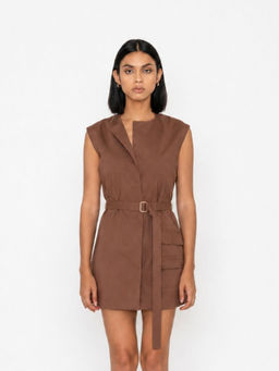 Contemponari - Brown Sleeveless Sheath Mini Dress with Belt