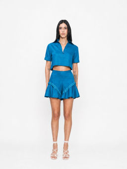 Contemponari - Blue Shirt Collar Top with Shorts