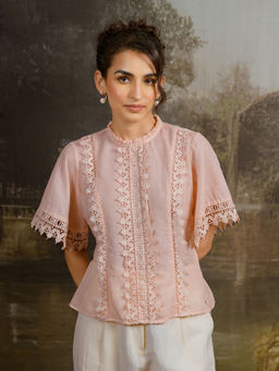 Contemponari - Pink Cotton Linen Lace Detail Top