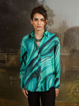 Contemponari - Green Abstract Satin Shirt