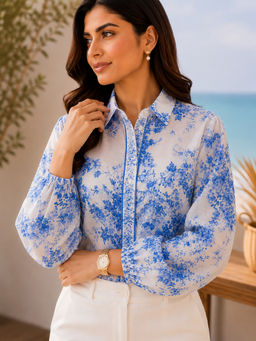 HAAVI BY PURAB - Blue Kshirja Cotton Flora Shirt