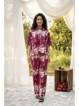 SAY - Pink Floral Print Collar Neck Pure Cotton Night Suit For Women