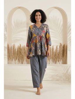 SAY - Grey Geometric Print V-Neck Pure Cotton Night Suit For Women