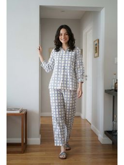 SAY - White Geometric Print Collar Neck Pure Cotton Night Suit For Women