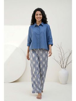 SAY - Blue Geometric Print Collar Neck Pure Cotton Night Suit For Women