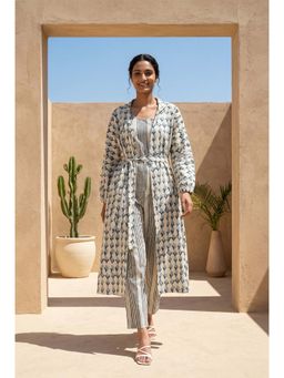 SAY - Green Geometric Print V-Neck Pure Cotton Night Suit For Women