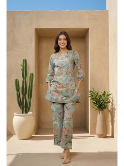 SAY - Green Floral Print Round Neck Pure Cotton Night Suit For Women