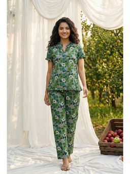 SAY - Green Floral Print Mandarin Neck Pure Cotton Night Suit For Women