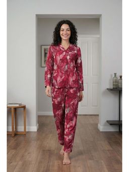 SAY - Maroon Abstract Print Collar Neck Pure Cotton Night Suit For Women