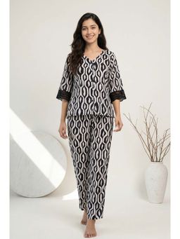 SAY - White Geometric Print V-Neck Pure Cotton Night Suit For Women