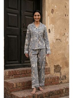 SAY - Grey Print Collar Neck Pure Cotton Night Suit For Women