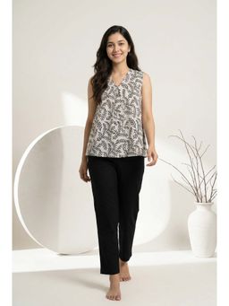 SAY - White Tropical Print V-Neck Pure Cotton Night Suit For Women