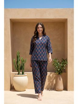 SAY - Blue Ethnic Print V-Neck Pure Cotton Night Suit For Women