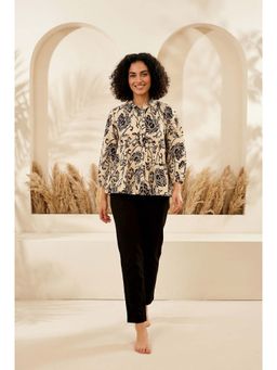 SAY - Cream Floral Print Collar Neck Pure Cotton Night Suit For Women