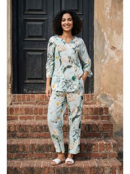 SAY - Blue Floral Print Round Neck Pure Cotton Night Suit For Women