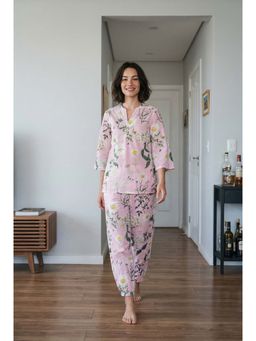 SAY - Pink Floral Print Mandarin Neck Pure Cotton Night Suit For Women