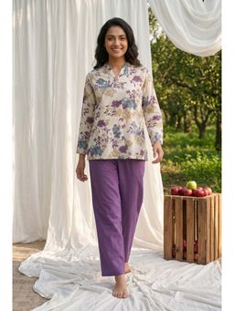 SAY - White Floral Print Mandarin Neck Pure Cotton Night Suit For Women