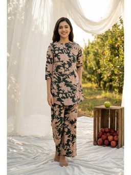 SAY - Green Floral Print Round Neck Pure Cotton Night Suit For Women