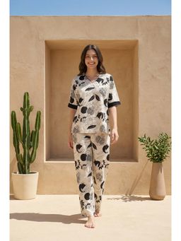 SAY - Off White Tropical Print V Neck Pure Cotton Night Suit For Women