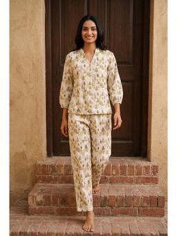 SAY - Cream Tropical Print Mandarin Neck Pure Cotton Night Suit For Women